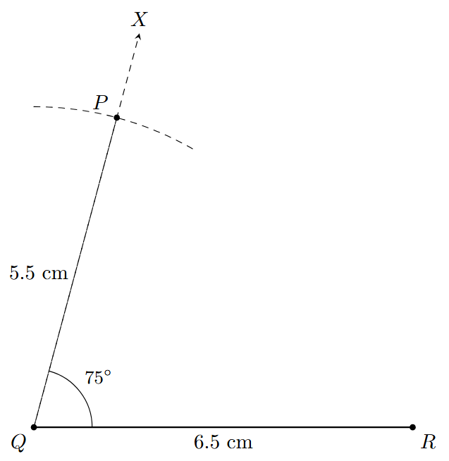 SAS Example Step 3 An arc with radius 5.5 cm and center Q cuts the ray QX at point P.